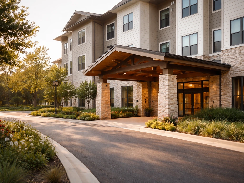 Exterior view of a modern senior living campus building with warm light and welcoming entry