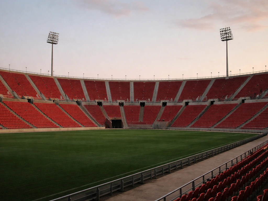 View of Estadi de Son Moix empty stands with evening sky, soccer stadium atmosphere