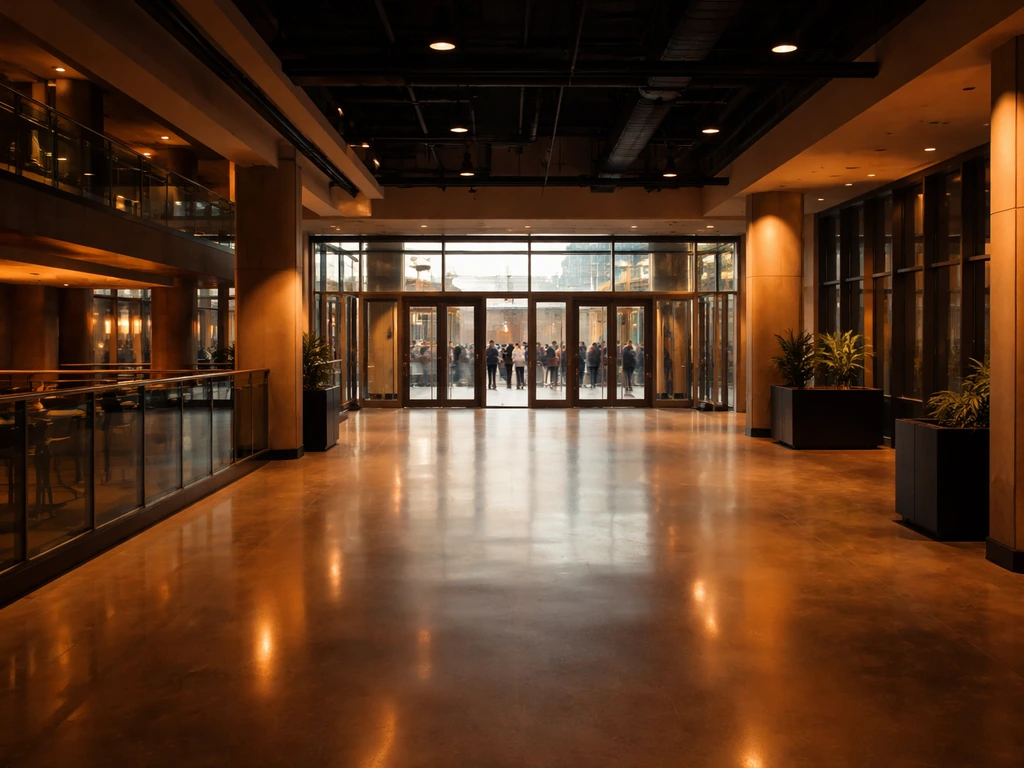Empty luxury arena concourse with warm lighting, evoking real estate investment and long-term stake