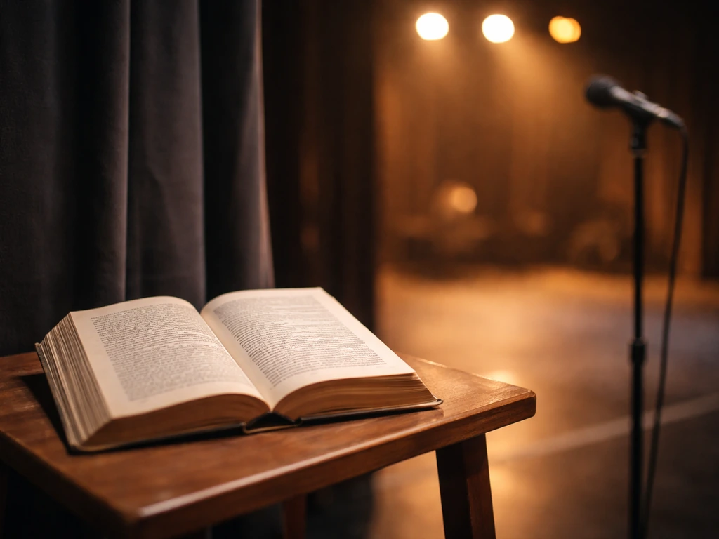 German actor/author Samuel Koch symbolically identified with a book and stage lights, no person shown.