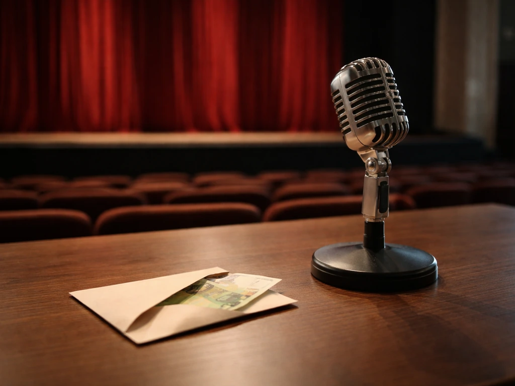 Candid photo of a theater stage and a desk with a microphone and cash envelope, symbolizing acting and speaking income