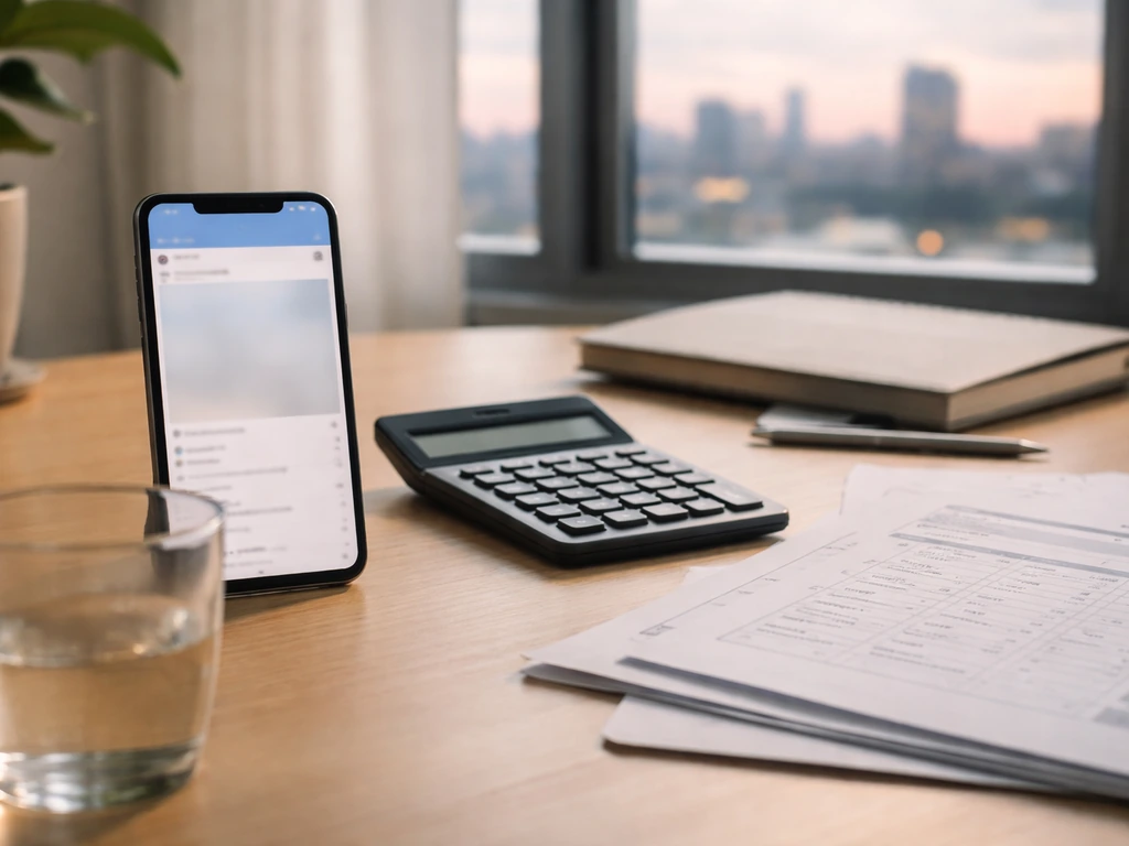 Minimal desk scene with calculator and phone suggesting a net-worth estimate dashboard motif