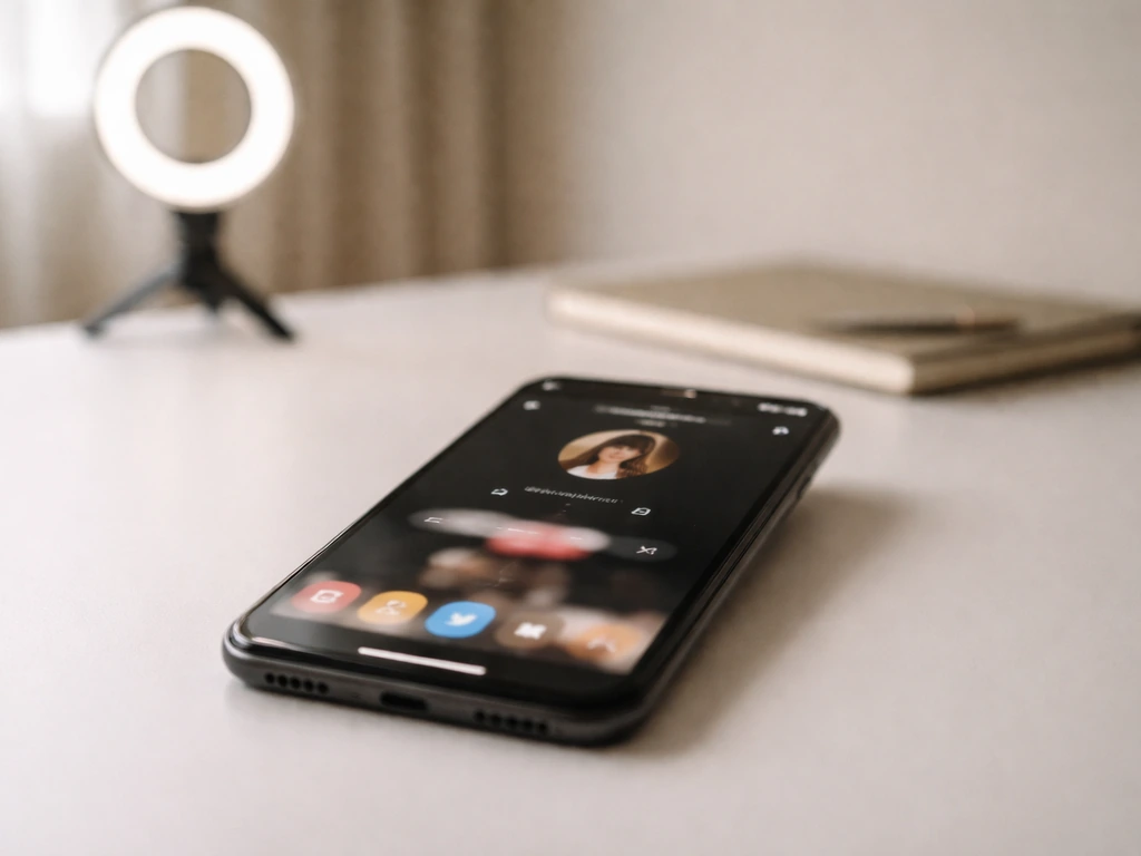 Smartphone on a desk showing a blurred TikTok-style profile screen in a simple home office setup.