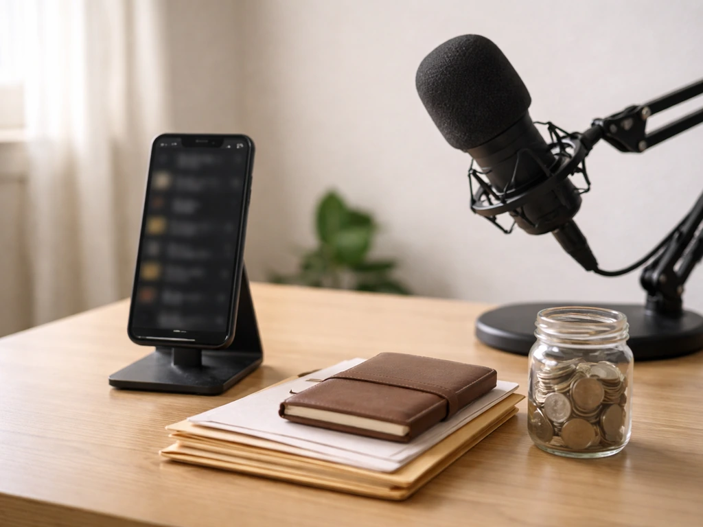 Minimal desk scene with smartphone, studio mic, coins, and envelopes symbolizing TikTok creator income sources.