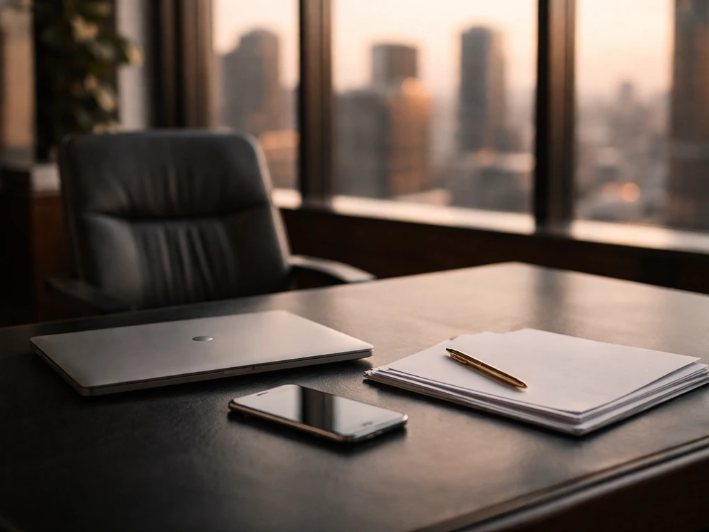 Minimal finance office desk with laptop and documents, blurred city skyline in warm natural light.