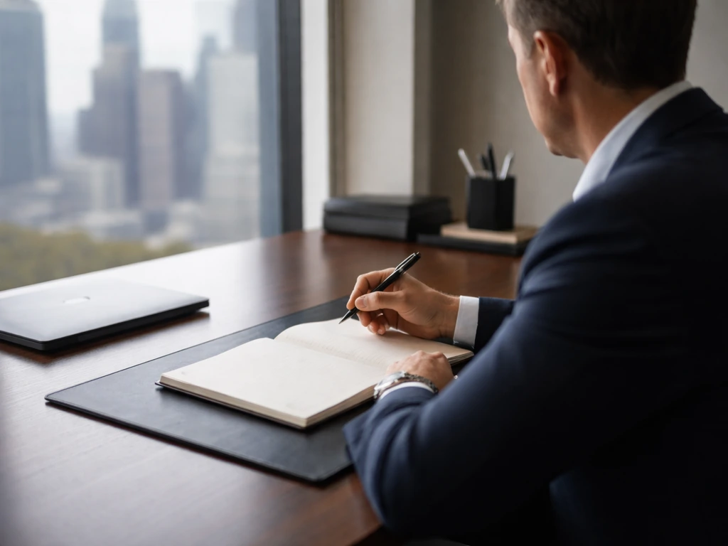 Anonymous business professional in a quiet office with a dark finance-style desk and city view through window.