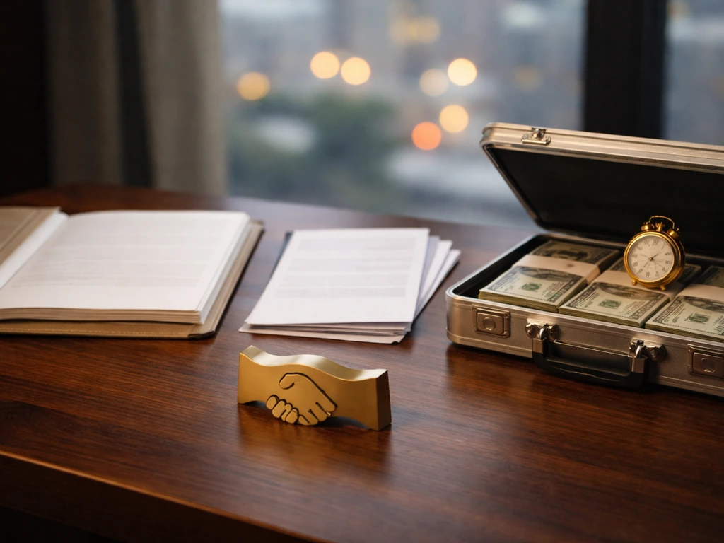 Minimal desk scene with blank fund documents, contract papers, and money bundles suggesting private credit income.