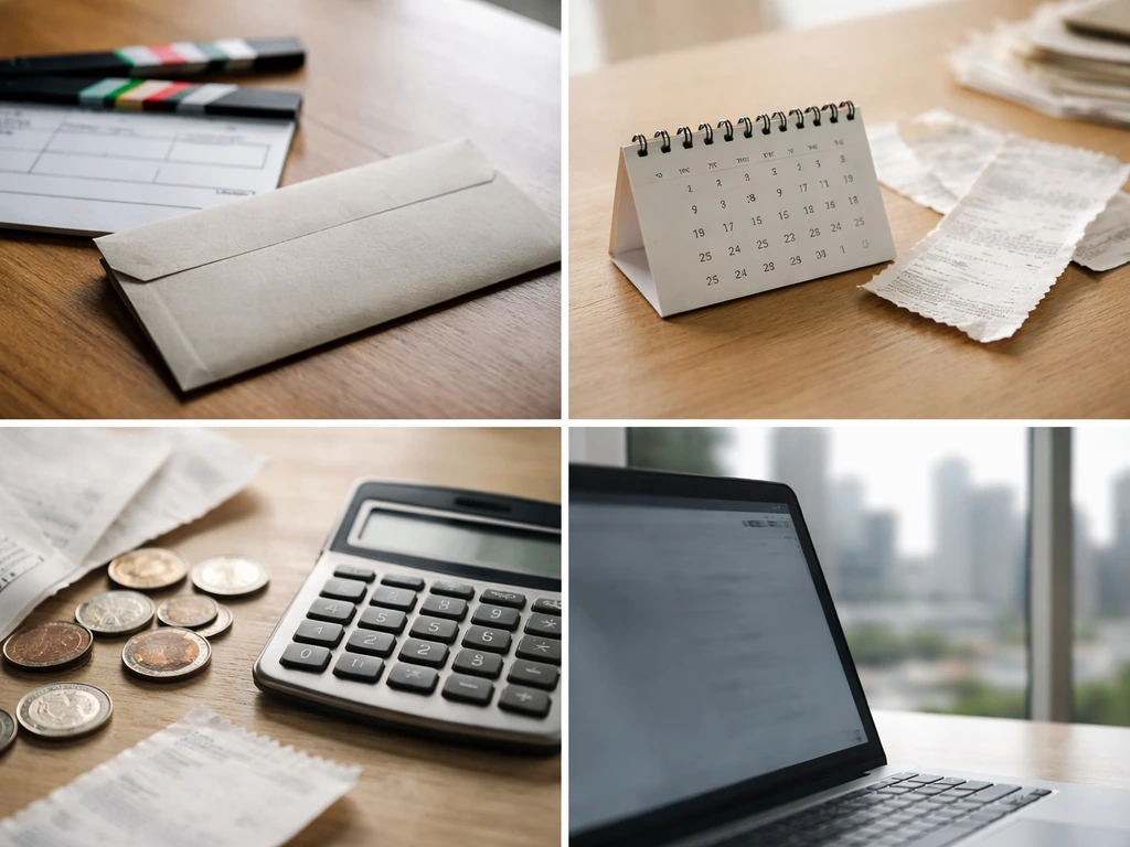 Four-panel split photo of production documents, irregular schedule receipts, coins and fees, and a blurred skyline.