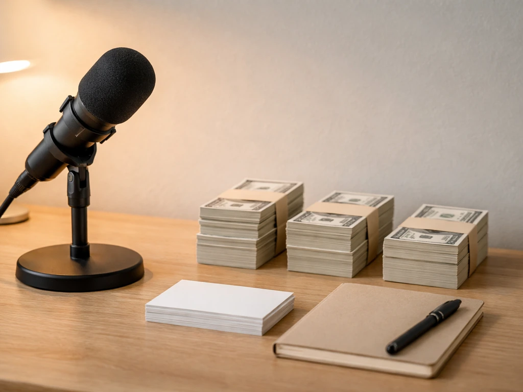 Anonymous desk with a podcast microphone and three small stacks of cash-like props to suggest income streams.