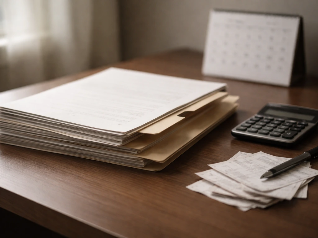 Close-up of tax documents, a calendar, and a folder on a desk representing spending and court-related costs