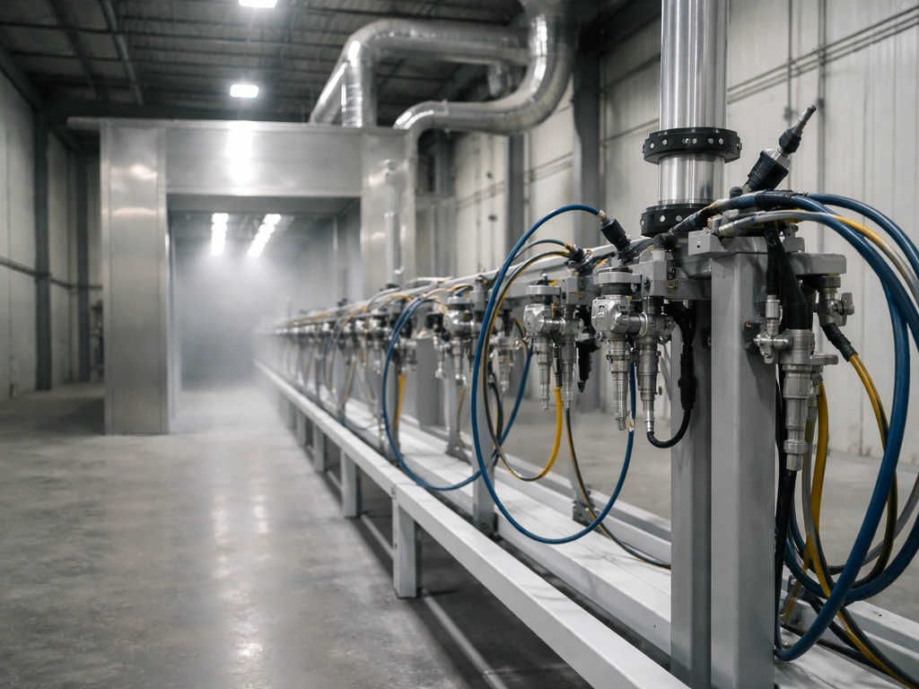 Industrial paint finishing system with hoses and spray booth components in a simple factory bay.