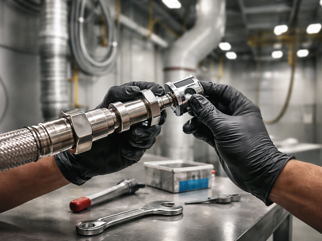 Technicians’ gloved hands install and inspect paint finishing equipment in an industrial workshop.