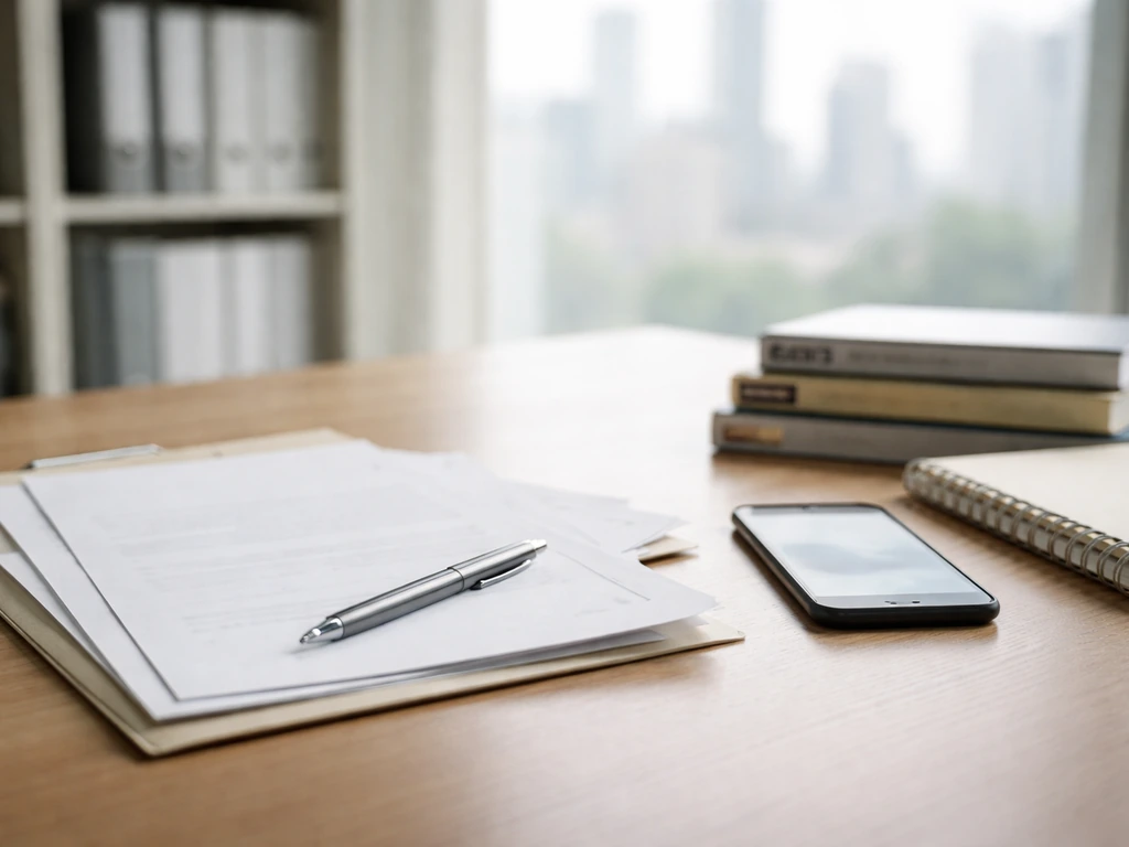 Desk with blank documents, directories, and a smartphone, symbolizing cross-checking public-record estimates.