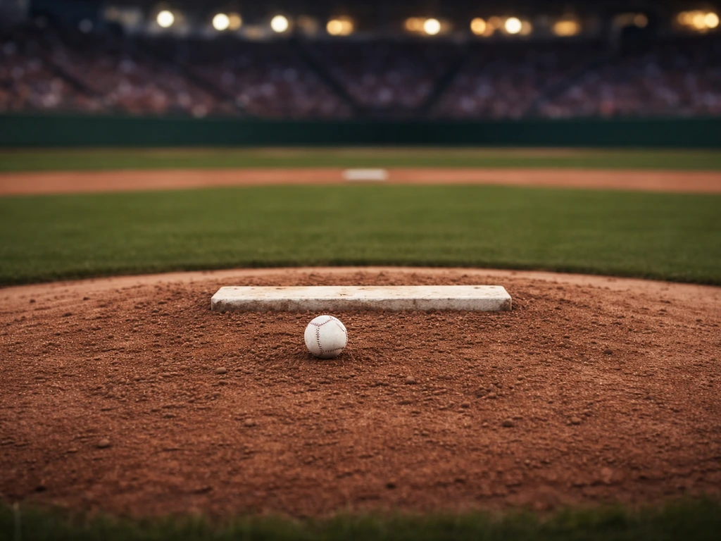 Baseball and pitcher's mound in an empty MLB stadium, stadium lights softly glowing in the background.