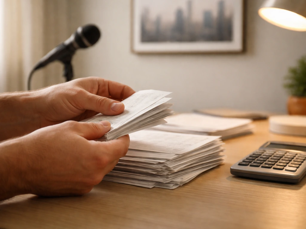Hands building a simple stack of financial documents and receipts under warm desk lamp light.