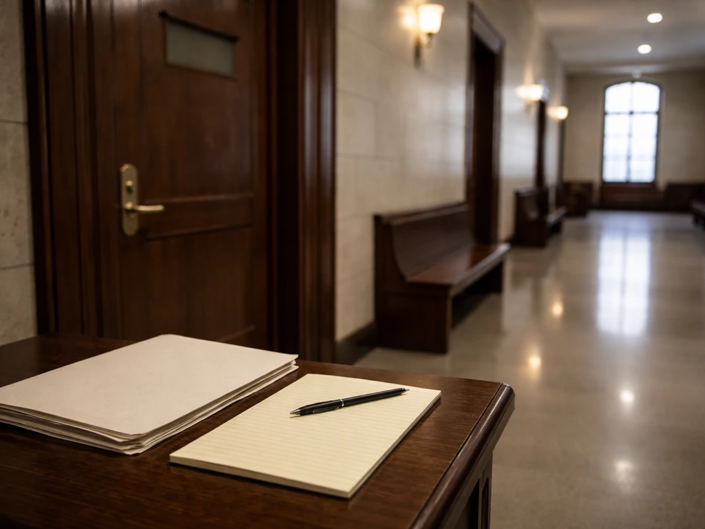 Courthouse hallway scene with a closed courtroom door and plain legal folder, suggesting a tax evasion case.
