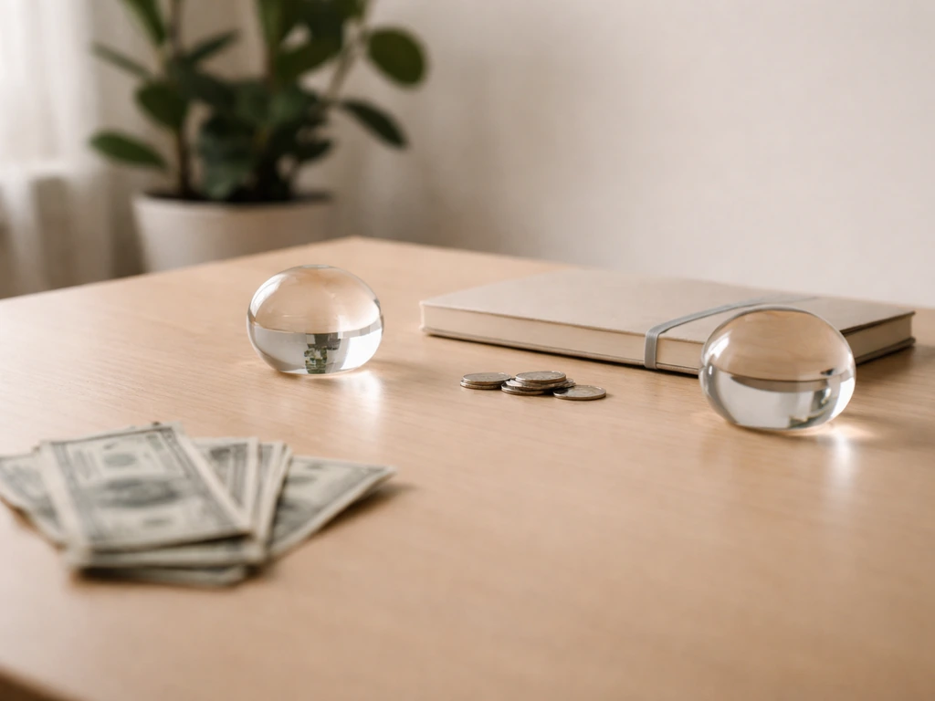 Minimal home office desk with coins and dollar bills suggesting a financial range, no text or labels.