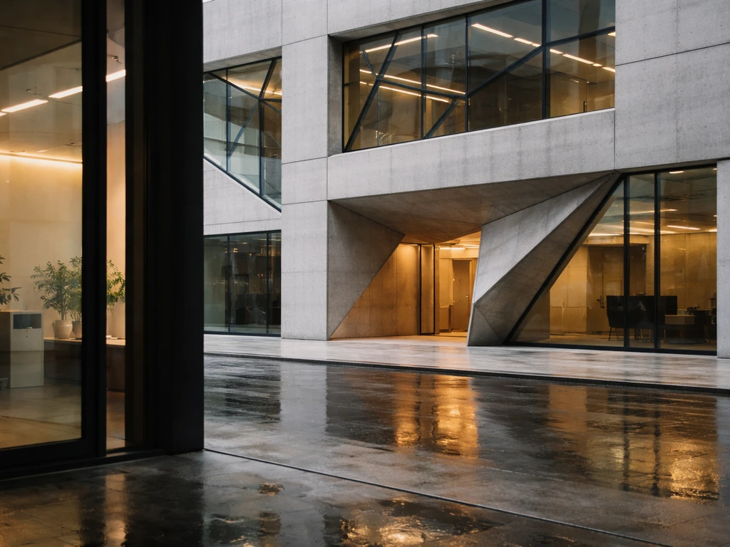 Modernist OMA-inspired office facade with geometric windows, suggesting a wealth-generating architecture studio.