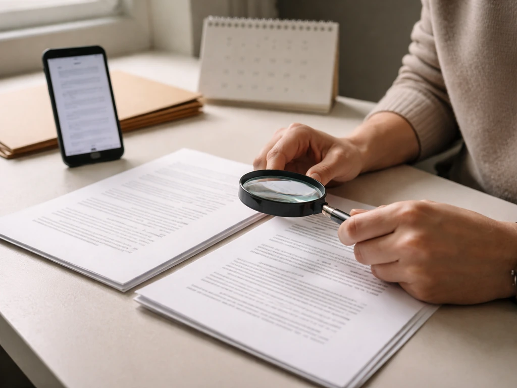 Researcher at a desk using a magnifying glass to check documents and valuation-date cues.