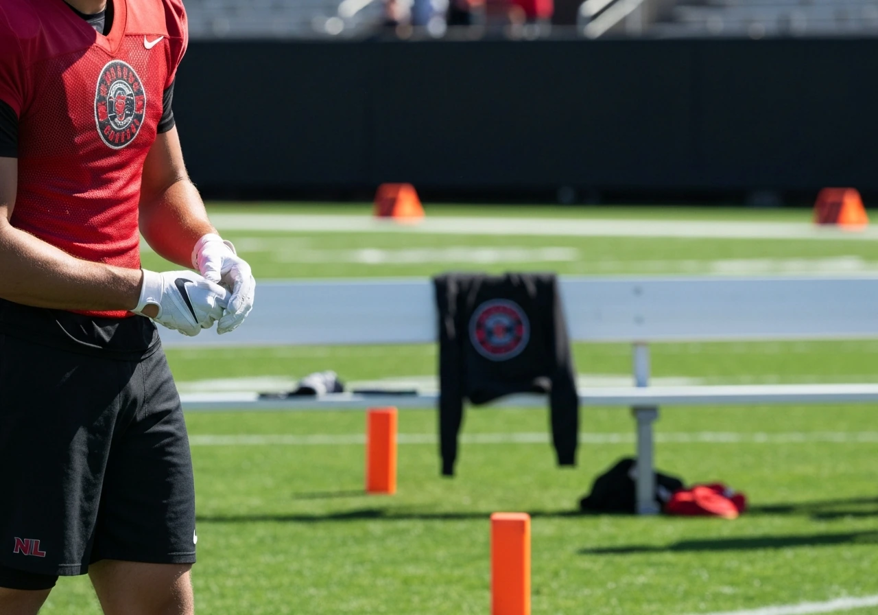 College athlete adjusting gloves on a football field with subtle partnership-themed visuals in the background