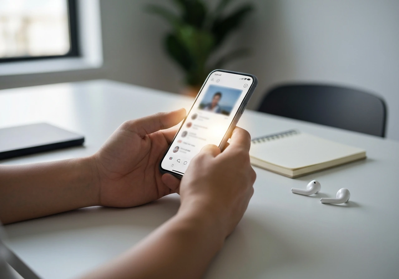 Close-up of a smartphone showing a blurred social media feed with a highlighted post, symbolizing NIL tracking.