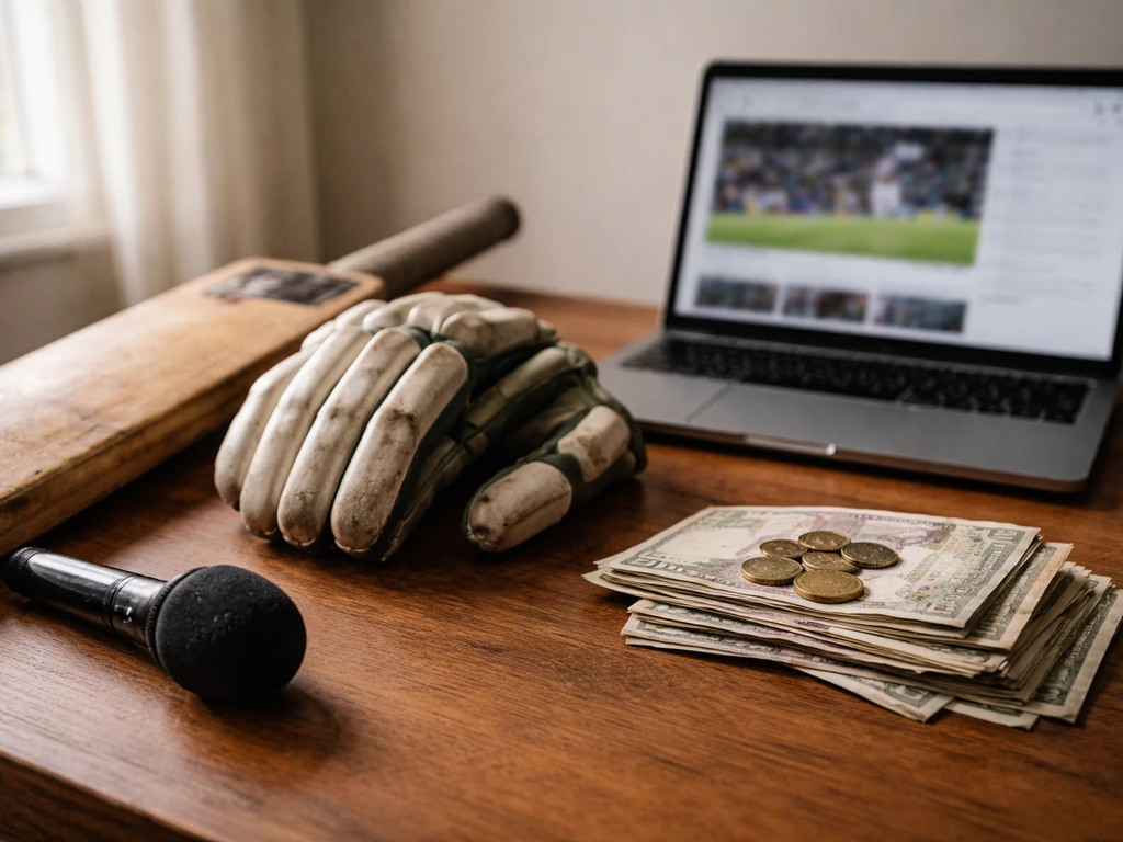 Cricket gear on a desk beside a laptop and currency, symbolizing estimated sports earnings