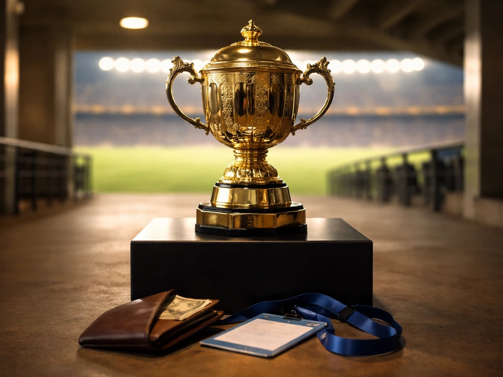 Cricket trophy in a quiet stadium concourse with a wallet and lanyard symbolizing contract-to-income.