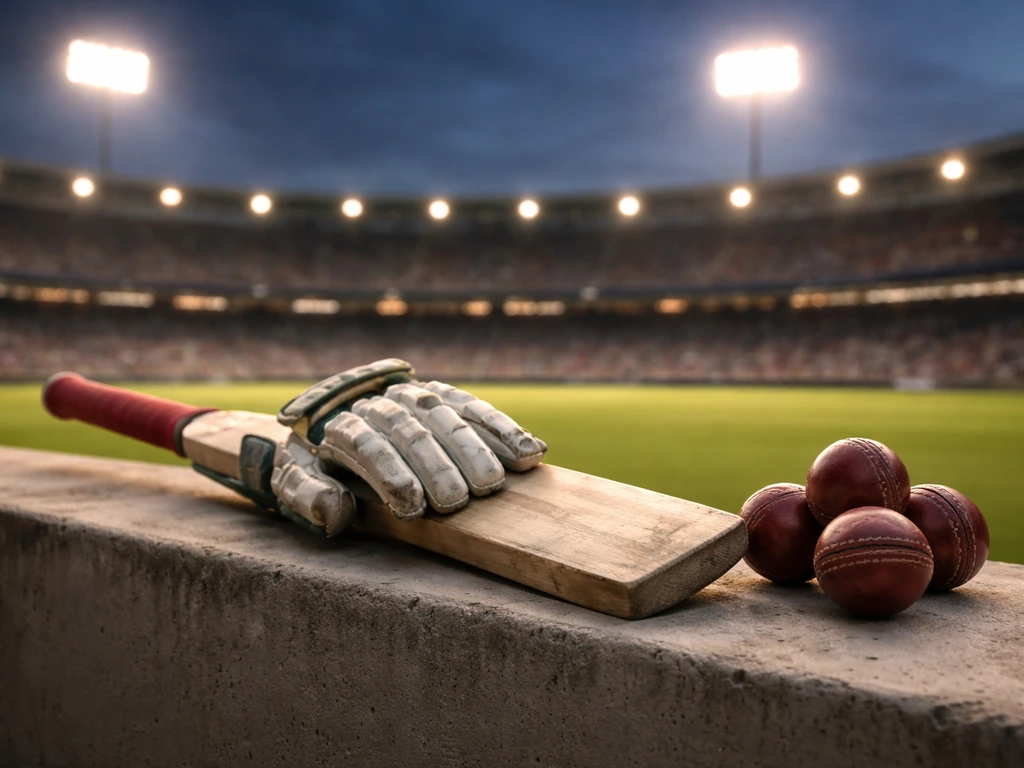 Cricket gear beside a stadium bowl with lights, symbolizing Major League Cricket’s global franchise growth.