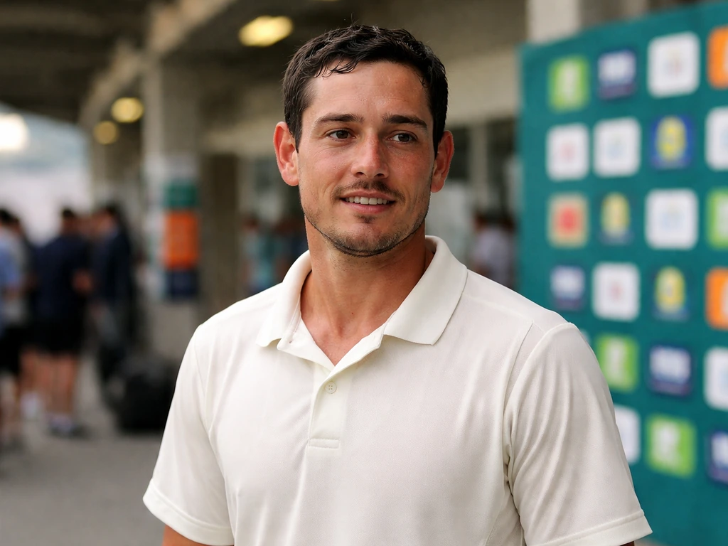Quinton de Kock in cricket gear near blurred sponsor banners at a stadium concourse, natural light.