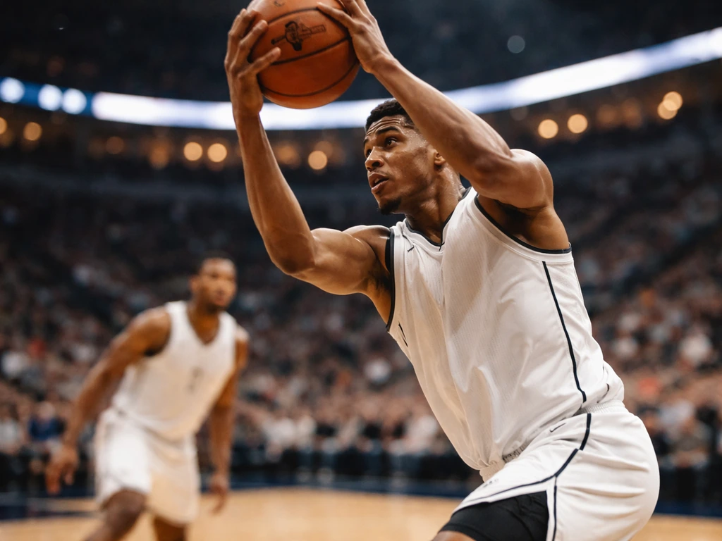 Game-day rebound moment on an NBA court with blurred arena lights and team-colored jersey, no text.