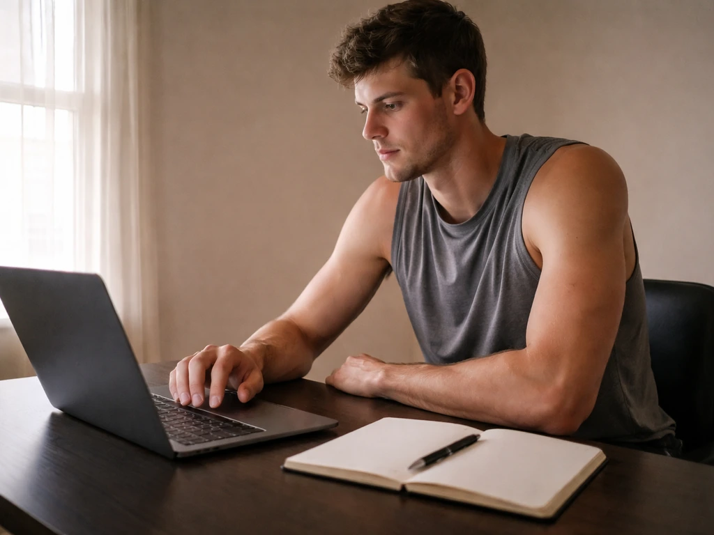 A focused athlete typing on a laptop in a quiet home office with a soft finance app glow.