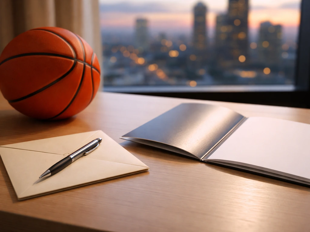 Basketball off-season scene with a contract-like envelope on a desk, symbolizing what could happen next