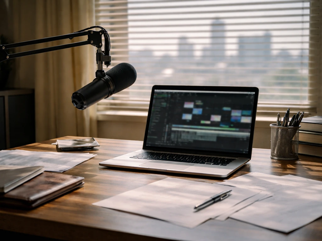 Empty film editing desk with microphone, blurred laptop, and subtle finance-media ambiance.