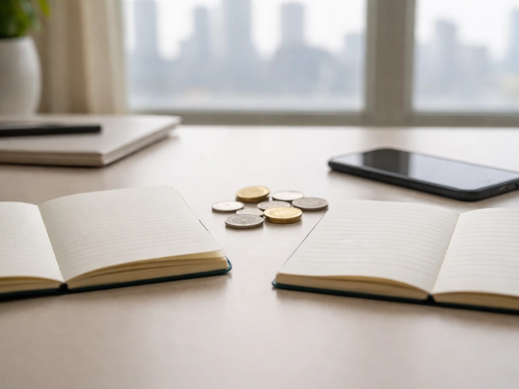Two open notebooks on a desk with scattered coins and a blurred city skyline outside the window