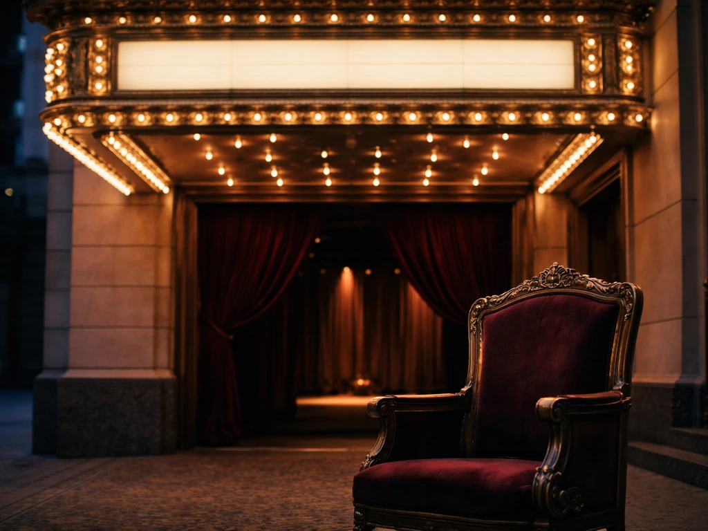 Empty Broadway theater doorway with glowing lights and a partially drawn velvet curtain at dusk.