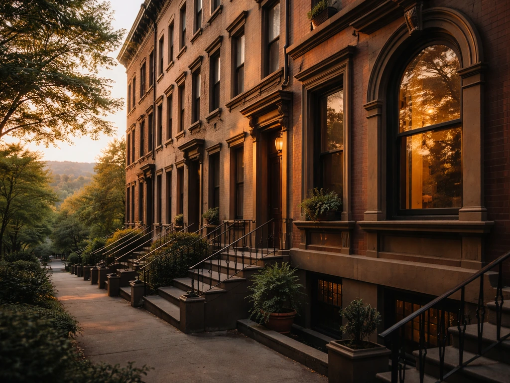 Sunlit Brooklyn brownstone street with a simple window view suggesting real estate value and wealth