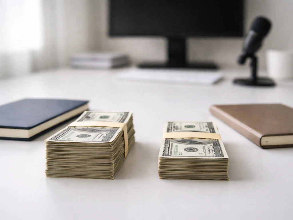 Two stacks of cash on a desk with notebooks and a small microphone, symbolizing competing financial estimates.