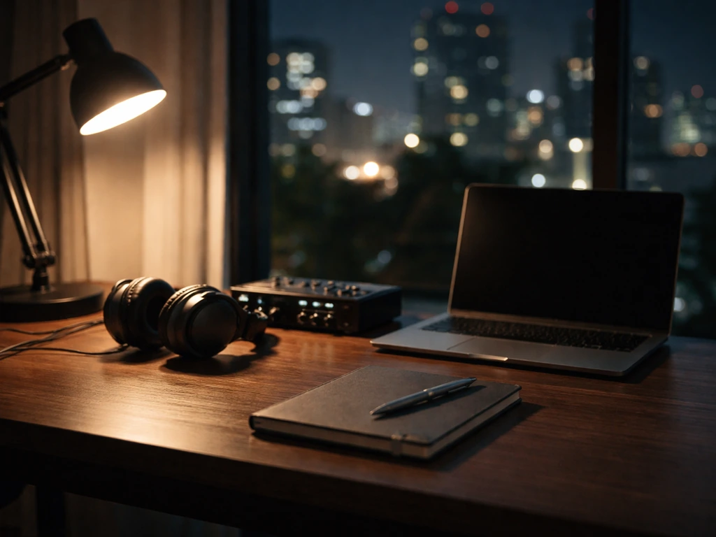 Minimal photo of a sleek studio desk with headphones and a softly glowing city skyline through a window.