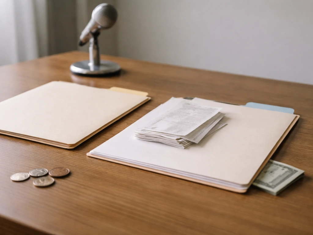 Minimal desk scene with two anonymous folders and scattered cash-free documents suggesting differing net worth methods.