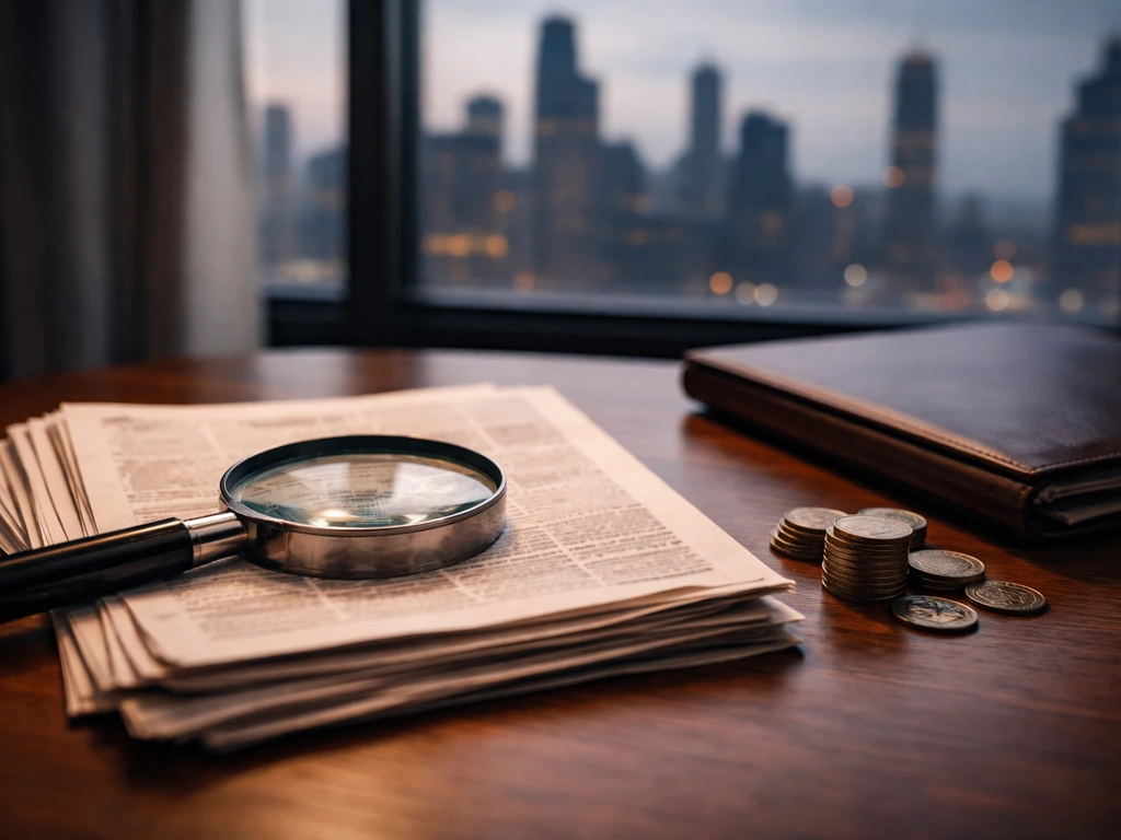 Magnifying glass over blurred financial headlines on a desk beside a Chicago skyline at dusk