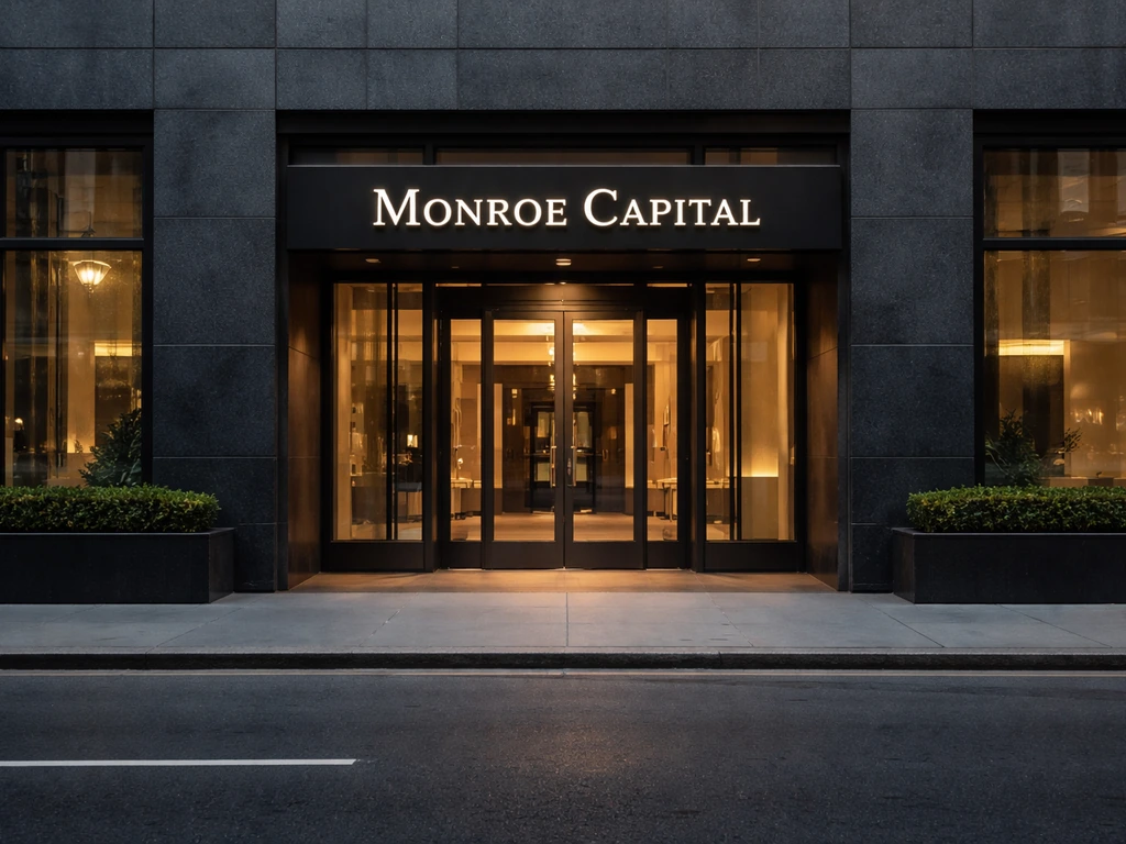 Modern office building entrance with illuminated Monroe Capital signage at eye level.