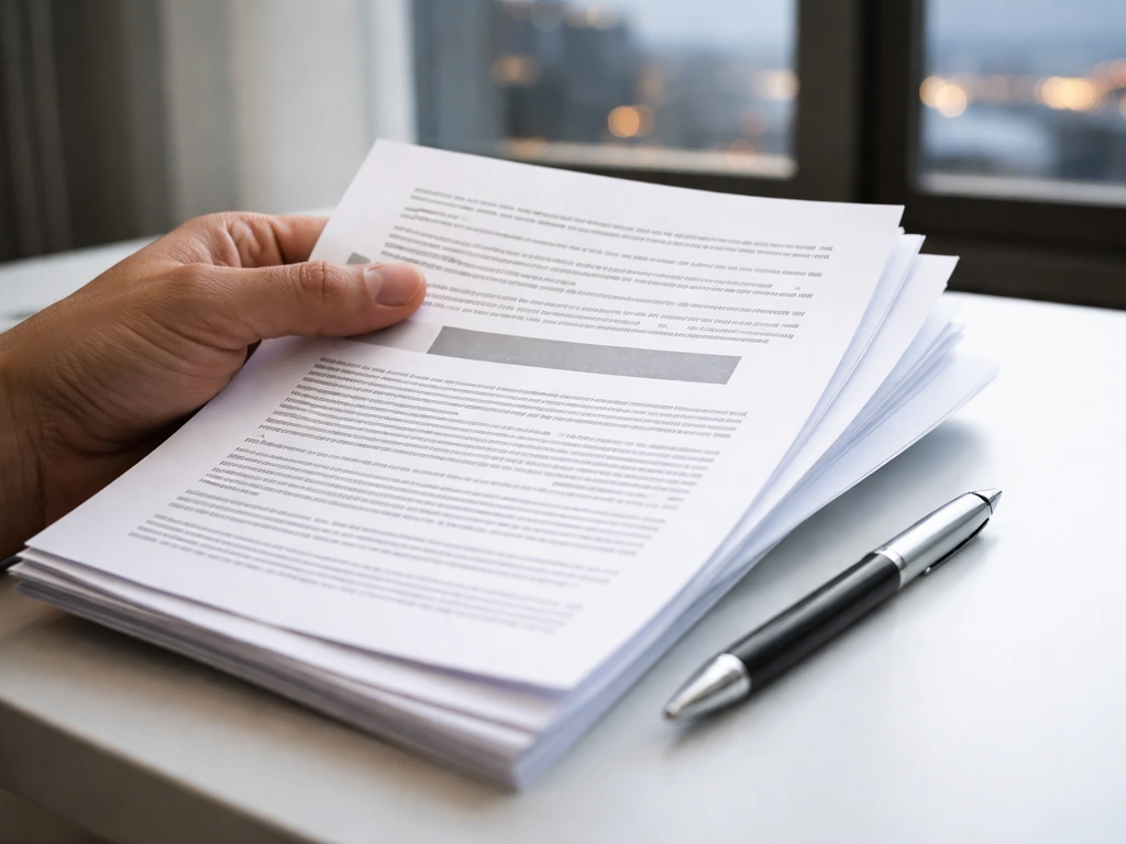 Anonymous hands holding printed IPO offering documents and a pen on a simple office desk.