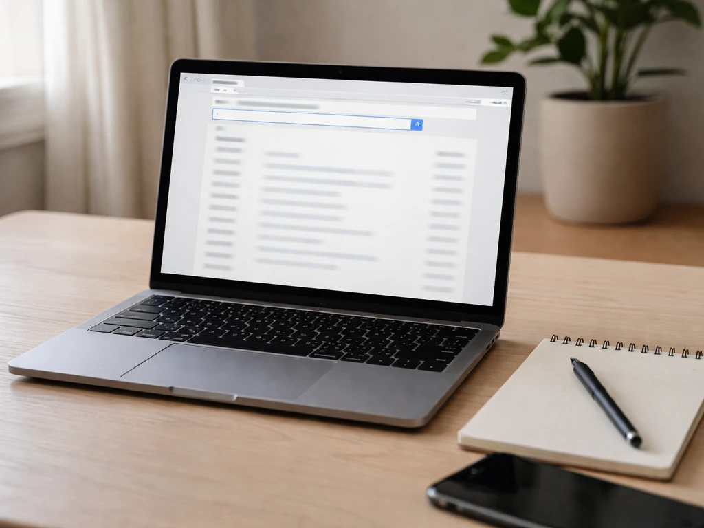 Laptop on a desk displaying a blurred SEC-style filings search interface for verifying updates.