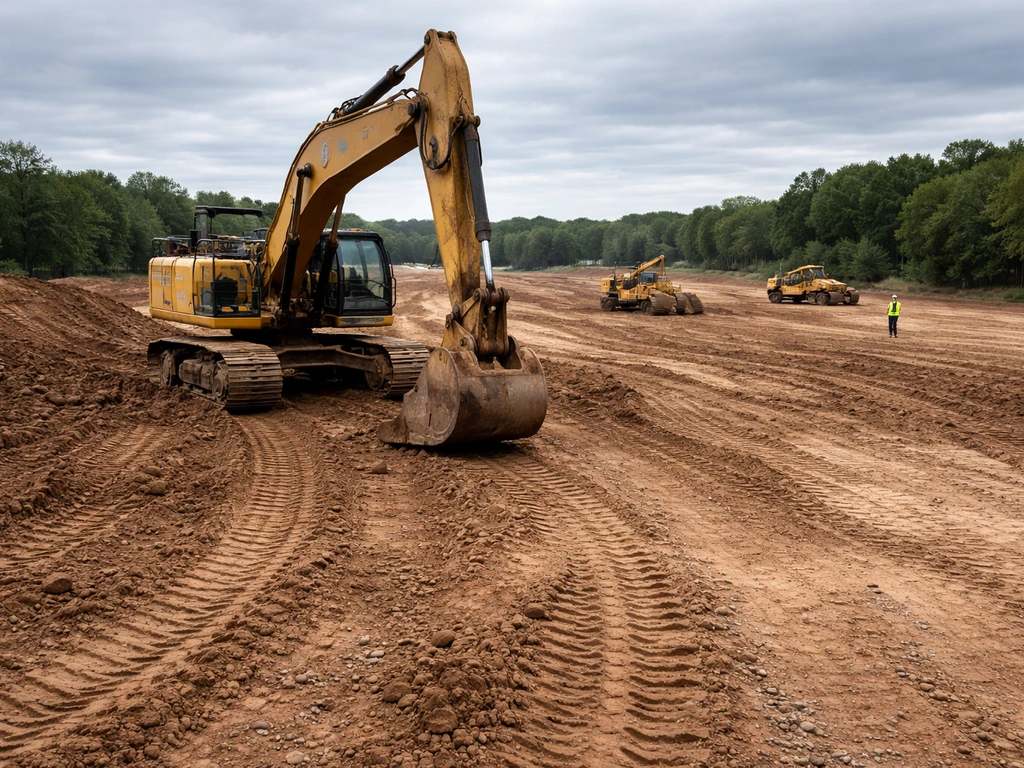 Earthmoving/grading jobsite with an excavator, conveying construction valuation and verification context.