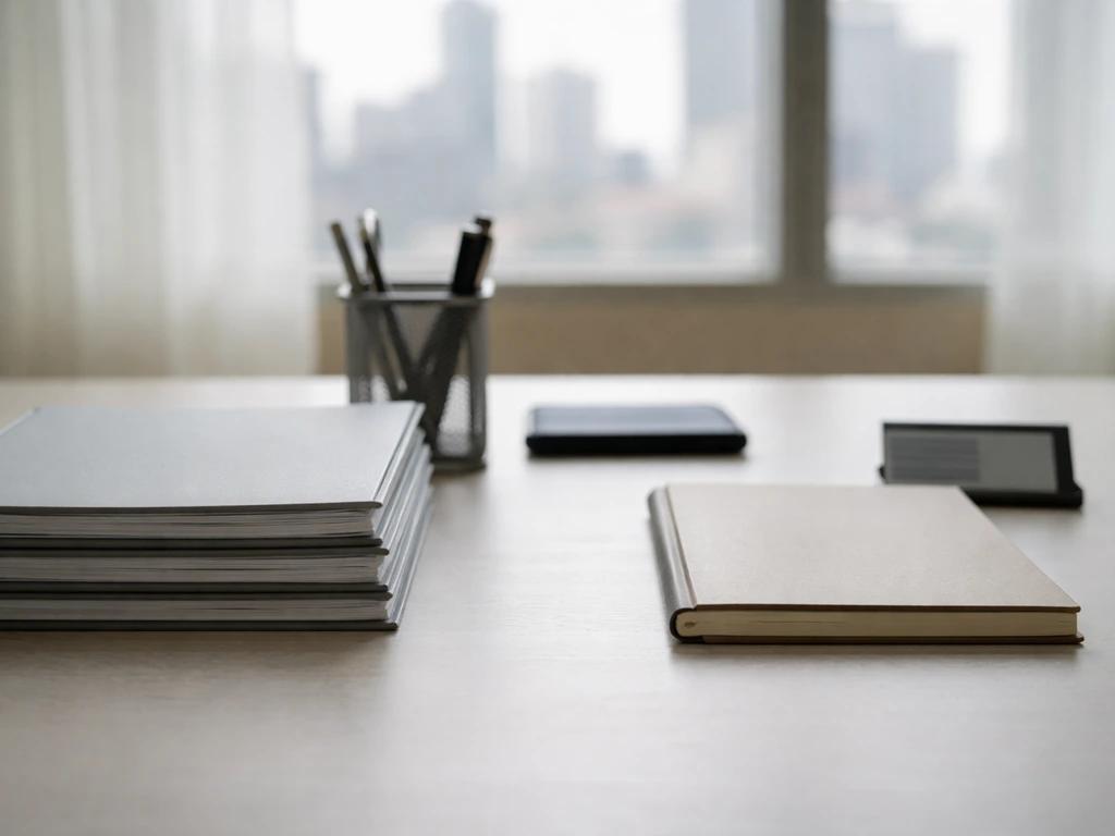 Split-style desk photo: formal document folders beside minimal private-office items, symbolizing mismatched net worth in