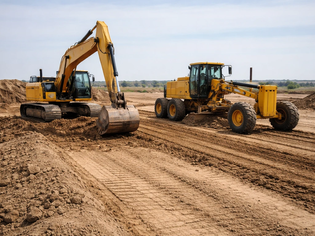 Excavator and motor grader working on an unfinished construction site, shaping graded earth in daylight