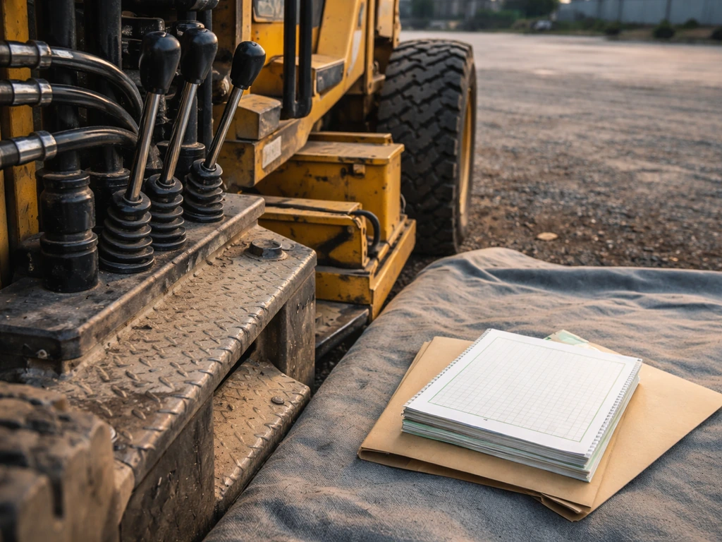 Close-up of construction equipment controls and a few blank ledgers representing assets and spending.