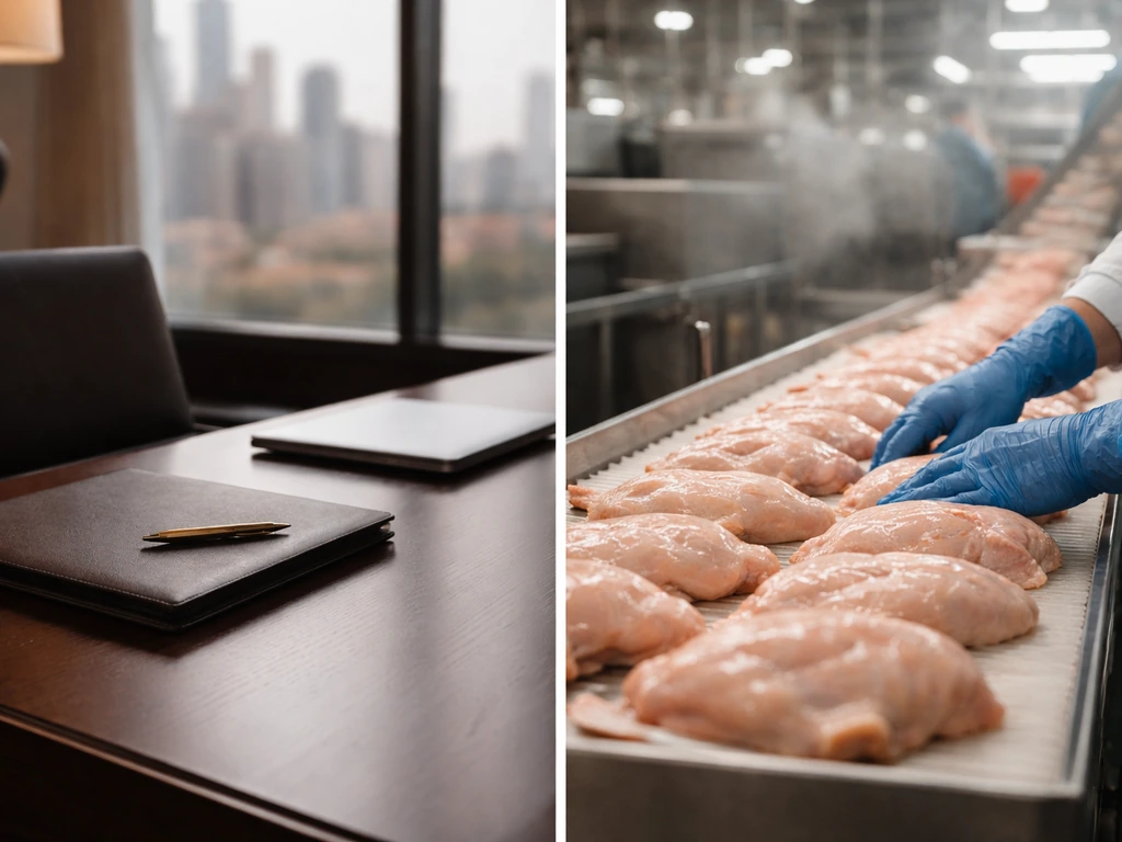 Minimal scene split between subtle wealth symbolism and a poultry processing setting for Koch net worth context.