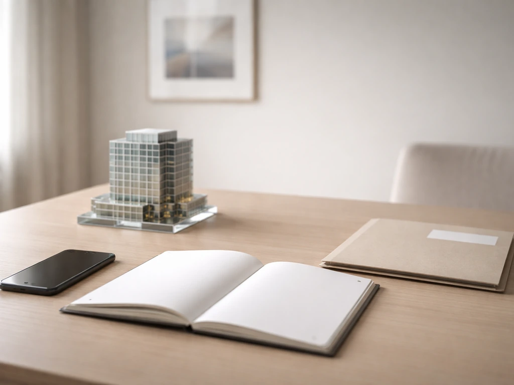 Minimal luxury office desk with blank notebook, folder, and building model symbolizing private-company net worth estimat