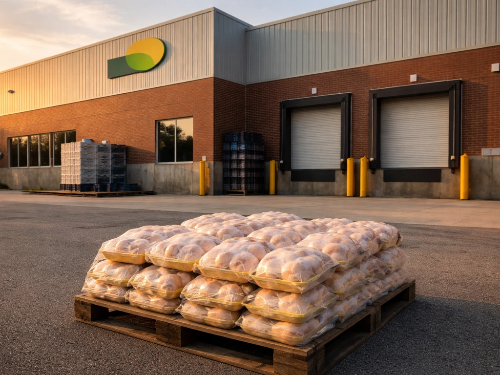 Exterior of an industrial poultry processing facility with stacked crates and wrapped poultry packages